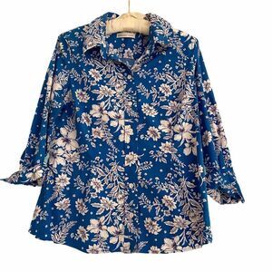 Coldwater Creek Blue Floral Toile Stretch Blouse